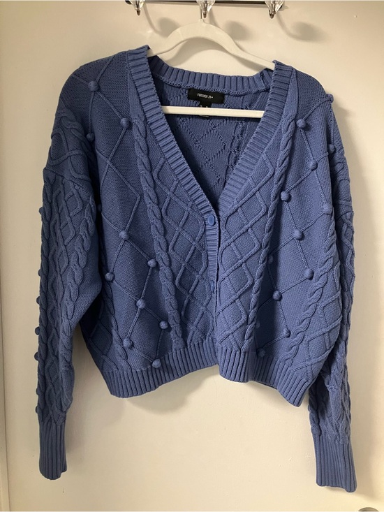 Forever 21 Sweaters - Forever 21 Lavender Blue Cable Knit Pom Pom Cardigan